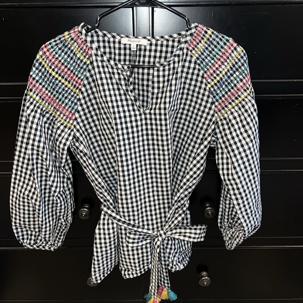 Madewell‎ Embroidered Gingham Tassel Tie Waist Top Small Peasant Plaid